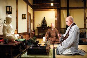Seijaku Roshi and one of his monks meditating in the Zendo 
